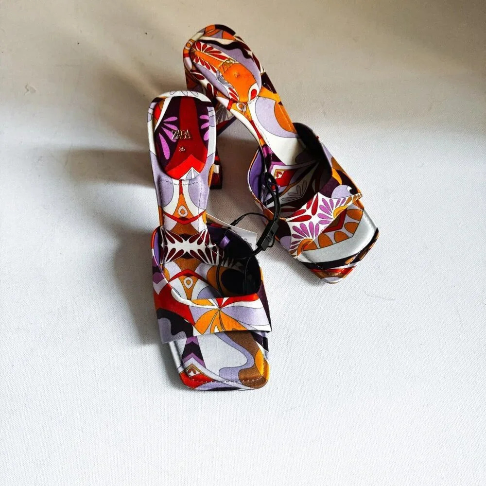 Zara Colorful  Psychedellic Print Square toe Slides 36 - Picture 14 of 14